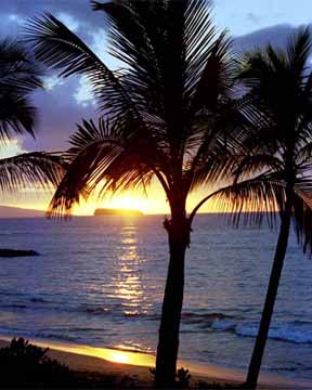 Sunset in Makena with a View of Molokini, Maui, Hawaii.